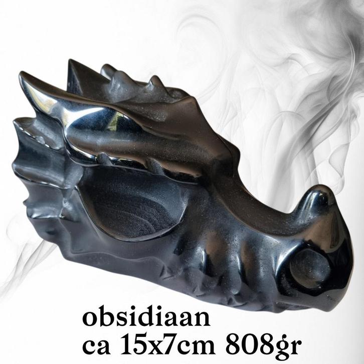 Obsidiaan Draak - 15x7cm - 808gr xl edelstenen mineralen, Antiek en Kunst, Kunst | Beelden en Houtsnijwerken, Ophalen of Verzenden