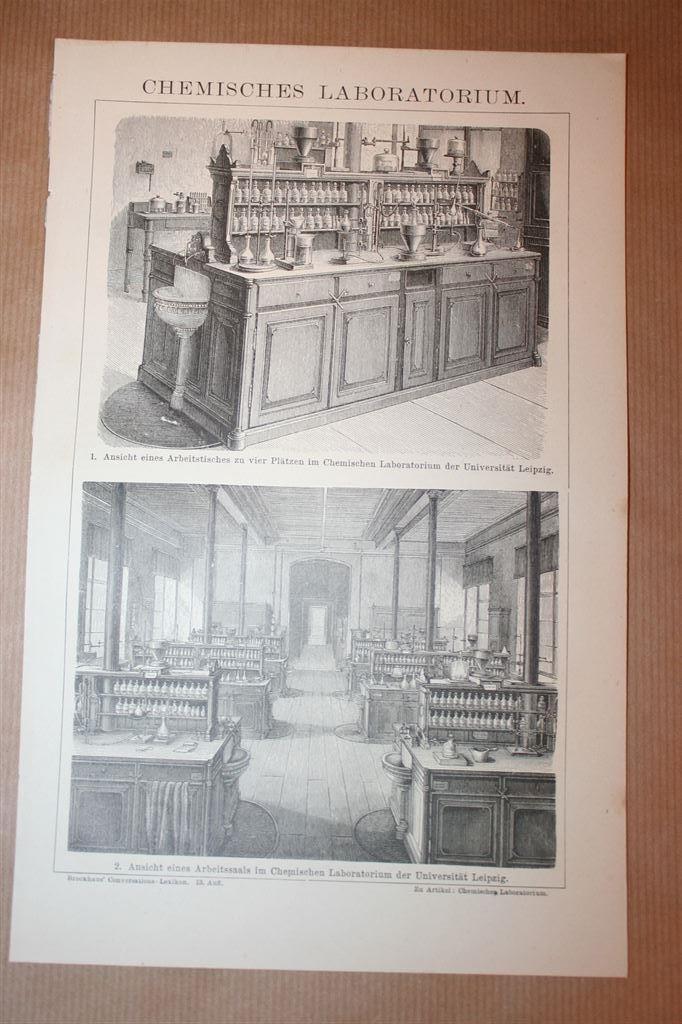 Antieke prent - Chemisch laboratorium - Circa 1885 !!, Verzamelen, Foto's en Prenten, Gebruikt, Overige onderwerpen, Voor 1940