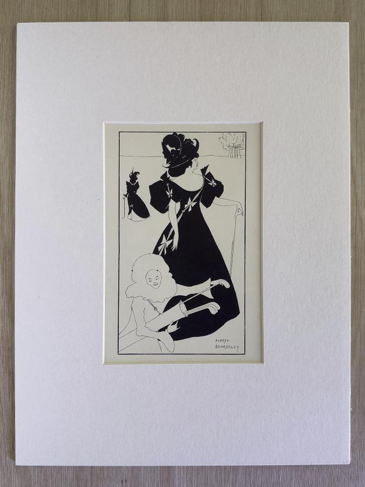 Prent 1930 – Blokdruk Aubrey Beardsley – Ontwerp golfkaart, Antiek en Kunst, Kunst | Etsen en Gravures, Verzenden