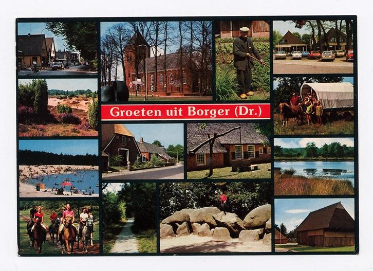 Borger (Dr.) - Hunebed huifkar paarden boerderij kerk schuur, Verzamelen, Ansichtkaarten | Nederland, Gelopen, Drenthe, 1980 tot heden