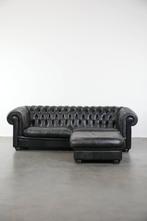 Set van zwarte rundleren 3 zits chesterfield bank en hocker, Ophalen, Gebruikt, Chesterfield, vintage, 100 tot 125 cm