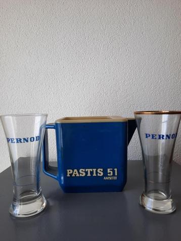 Pastis & Pernod waterkan met glazen. Brocante. beschikbaar voor biedingen