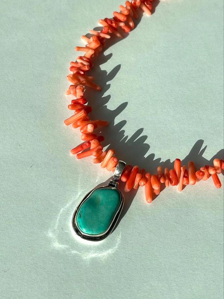 Koraal & Turkoois Hanger Ketting met Zilver, Sieraden, Tassen en Uiterlijk, Kettingen, Zo goed als nieuw, Zilver, Ophalen of Verzenden