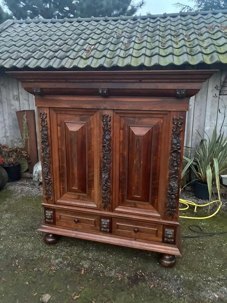 Antieke linnenkast (3-delig) – noten & ebbenhout, Antiek en Kunst, Antiek | Meubels | Kasten, Ophalen