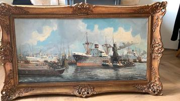 Olieverfschilderij op linnen havenzicht beschikbaar voor biedingen