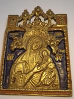 antiek Russisch orthodox ikoon geëmailleerd brons OLV Maria, Antiek en Kunst, Ophalen of Verzenden