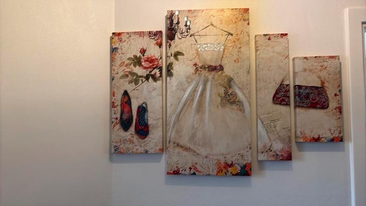 Kunstwerk 4 luik, geprint canvas en geschilderde delen, Antiek en Kunst, Kunst | Schilderijen | Modern, Ophalen