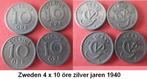 Zweden, 4 x zilveren/messing 10 öre muntjes periode jaren 40, Ophalen of Verzenden, Overige landen, Setje, Zilver