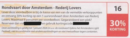 Rondvaart door Amsterdam - Rederij Lovers 30% korting Bon 16, Tickets en Kaartjes, Kortingen en Cadeaubonnen, Drie personen of meer