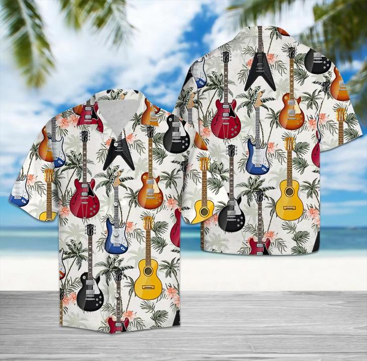 Gitaar overhemd heren mannen shirt muziek instrument hawaii, Kleding | Heren, Overhemden, Nieuw, Wit, Verzenden