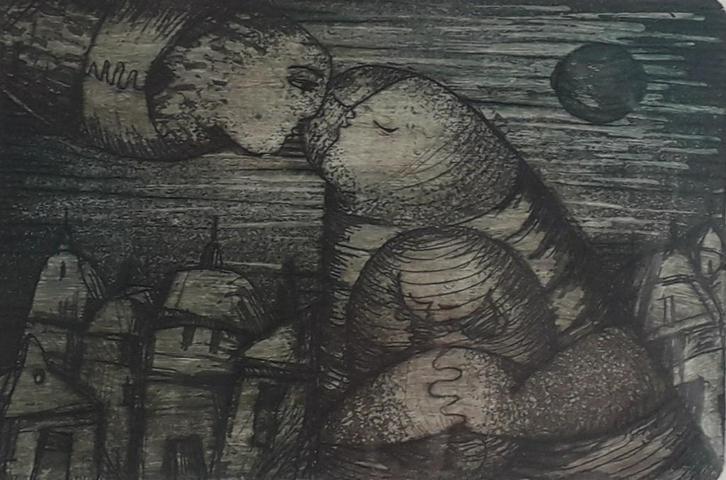 SURREALISTISCHE FIGUREN + HUISJES + MAAN 🌚 RIA ZURNÉ, Antiek en Kunst, Kunst | Etsen en Gravures, Ophalen of Verzenden