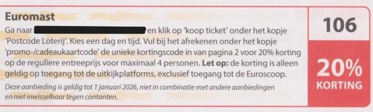 Euromast, Rotterdam. 20% korting. Postcodeloterij bon nr 106, Tickets en Kaartjes, Kortingen en Cadeaubonnen, Drie personen of meer