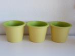 3 Geel groene identieke aardewerken bloempotjes, Tuin en Terras, Bloempotten, Rond, Binnen, Ophalen of Verzenden, Zo goed als nieuw