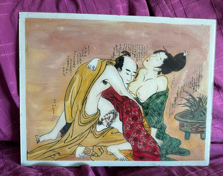 Japanse erotische glaspaneelschildering, Antiek en Kunst, Kunst | Schilderijen | Abstract, Ophalen
