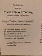 Amourens - van Witzenburg 1905 Vlaardingen 1995 Mechelen, Ophalen of Verzenden, Bidprentje