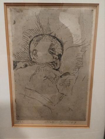 Antieke Ets Antoon Derkzen van Angeren 1919 "slapende baby" beschikbaar voor biedingen