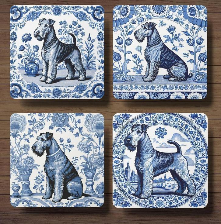 Airedale Terriër Delfts Blauw onderzetters met houder, Huis en Inrichting, Woonaccessoires | Onderzetters, Nieuw, Glas of Kopje