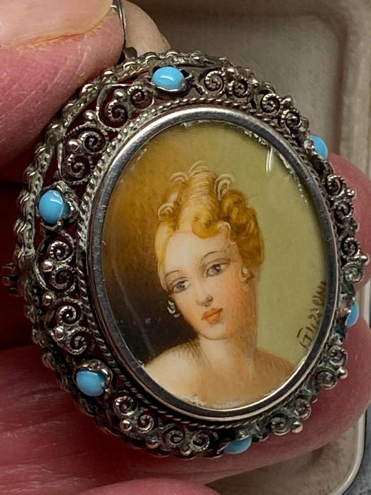 Antieke hanger Dane turquaas zilver ca 1900, Sieraden, Tassen en Uiterlijk, Antieke sieraden, Hanger, Zilver, Verzenden