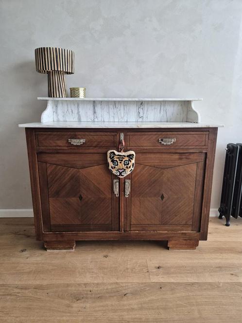 Antieke vintage commode dressoir kast eikenhout marmer blad, Huis en Inrichting, Kasten | Dressoirs, Zo goed als nieuw, 100 tot 150 cm