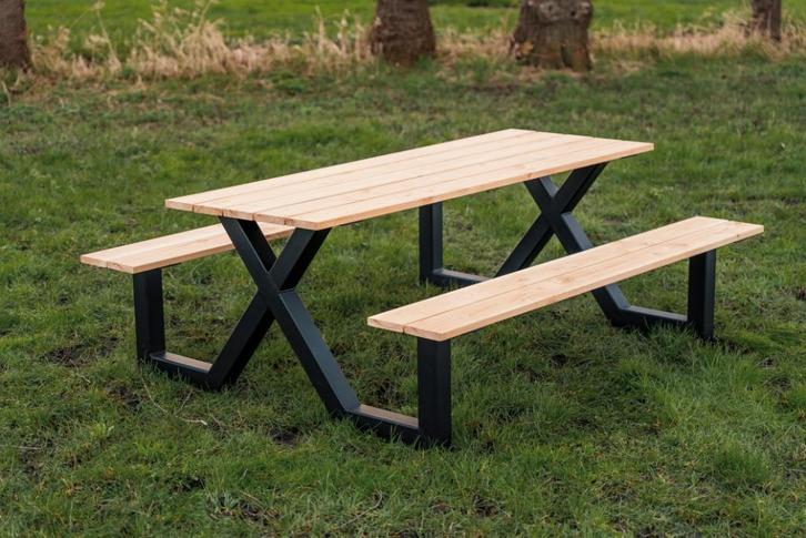 Douglas picknicktafels met stalen X frame, Tuin en Terras, Picknicktafels, Nieuw, Rechthoekig, Hout, Ophalen of Verzenden