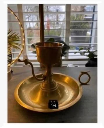Brocante koperen blaker voor grote kaars beschikbaar voor biedingen