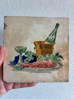 Antiek Tegeltje met Stilleven kreeft druiven wijn, Ophalen of Verzenden