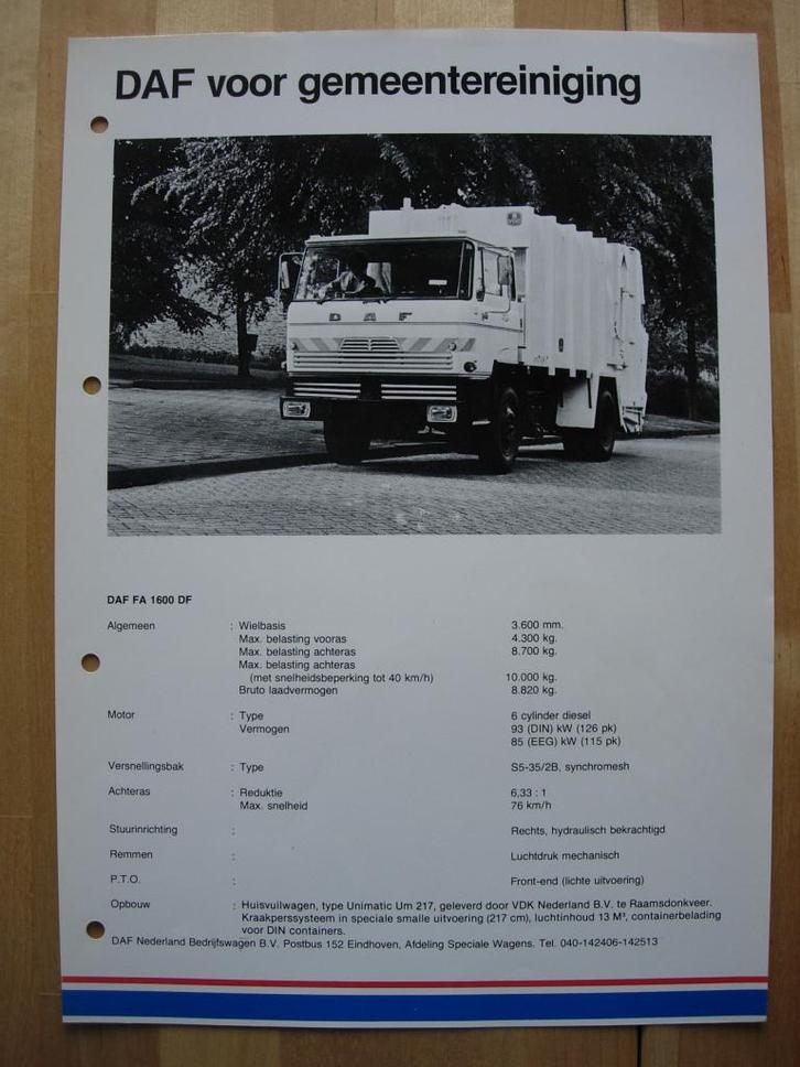 DAF FA 1600 DF Technische Specificatie Folder 1981 – 4x2, Boeken, Auto's | Folders en Tijdschriften, Zo goed als nieuw, Overige merken