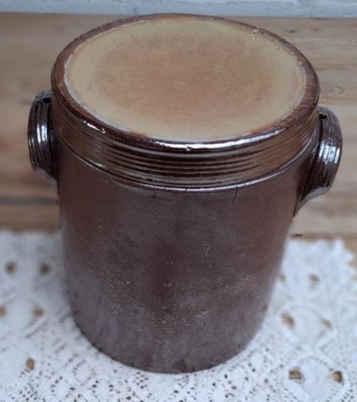 Franse donker bruine gres pot met deksel, voorraadpot, Antiek en Kunst, Curiosa en Brocante, Ophalen of Verzenden