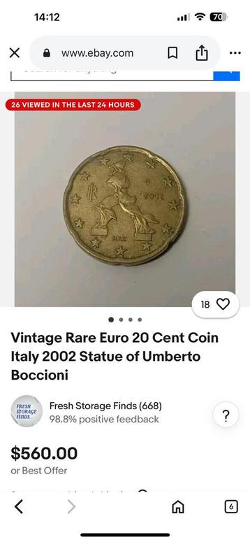 2002 italie 20 cent statue of umberto boccioni beschikbaar voor biedingen