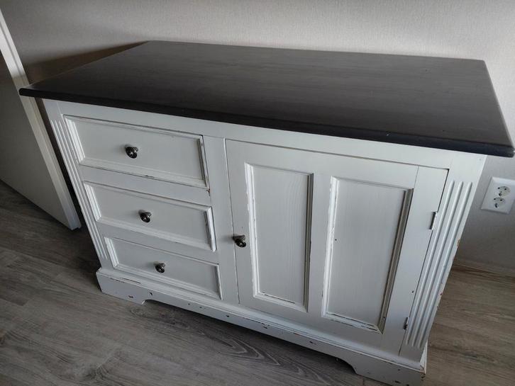 Grenen kastje wit met grijs blad, Huis en Inrichting, Kasten | Dressoirs, Ophalen of Verzenden