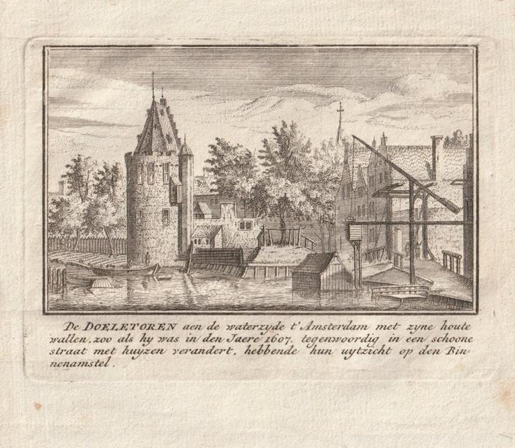 Amsterdam de Doeletoren oude gravure / ets, Antiek en Kunst, Kunst | Etsen en Gravures, Verzenden