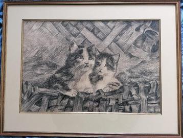 Charmante houtskooltekening - Twee kittens in een mand beschikbaar voor biedingen