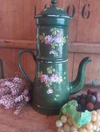 Antiek emaille cafetiere, koffiekan,groen, opgelegde bloemen, Ophalen of Verzenden