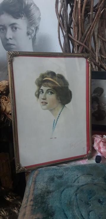 Mooie Brocante afbeelding van een dame uit de jaren 20/30
