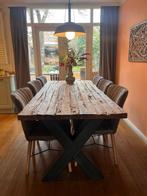 Eettafel met 7 stoelen, hout, kruispoot, vintage, Ophalen, Gebruikt, 6 tot 8 stoelen