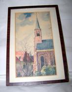 Mooie ingekleurde litho kerk. 1957. 31x20cm. Achter glas., Ophalen of Verzenden