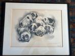 Schilderij lithografie Aart van Dobbenburgh, puppy’s 1974, Ophalen of Verzenden