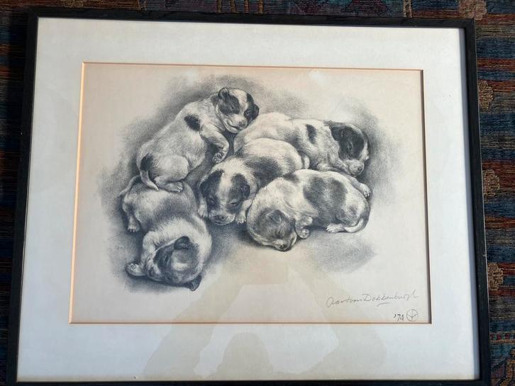 Schilderij lithografie Aart van Dobbenburgh, puppy’s 1974, Antiek en Kunst, Kunst | Litho's en Zeefdrukken, Ophalen of Verzenden