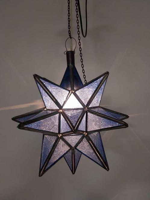 Vintage Marokkaanse Ster Hanglamp Blauw Glas, Huis en Inrichting, Lampen | Hanglampen, Gebruikt, Minder dan 50 cm, Glas, Ophalen of Verzenden