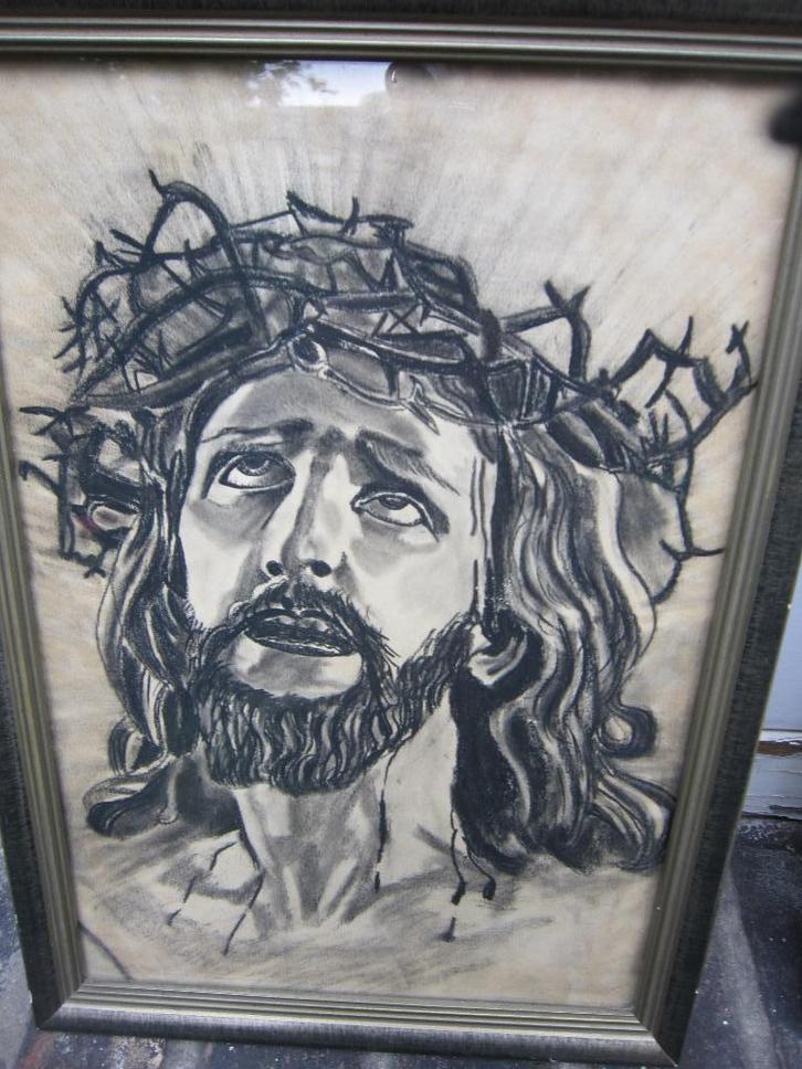 Mooi rel Krijt/ Conte tek. Jezus met Doornenkroon, Antiek en Kunst, Antiek | Religie, Ophalen