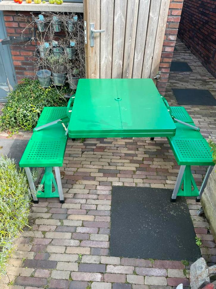 Opklapbare picknicktafel, Tuin en Terras, Picknicktafels, Gebruikt, Rechthoekig, Aluminium, Kinderpicknicktafel, Inklapbaar, Ophalen of Verzenden