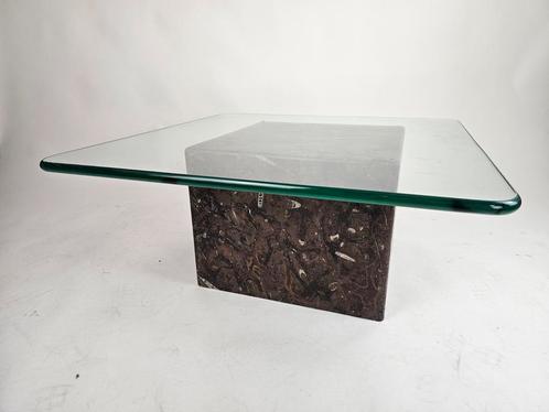 Salontafel versteend fossiel en glazen blad, Huis en Inrichting, Tafels | Salontafels, Gebruikt, Minder dan 50 cm, 50 tot 100 cm