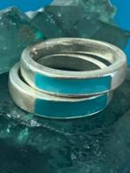 Set 2 ringen zilver en emaille zeegroen en turquoise maat 16, Blauw, Ophalen of Verzenden, Dame, Zilver