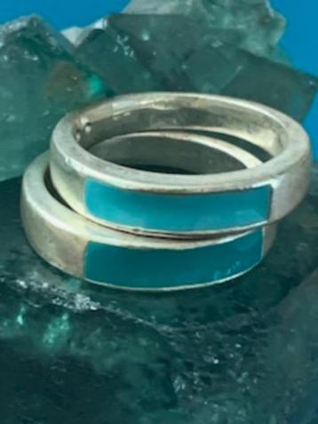 Set 2 ringen zilver en emaille zeegroen en turquoise maat 16 beschikbaar voor biedingen