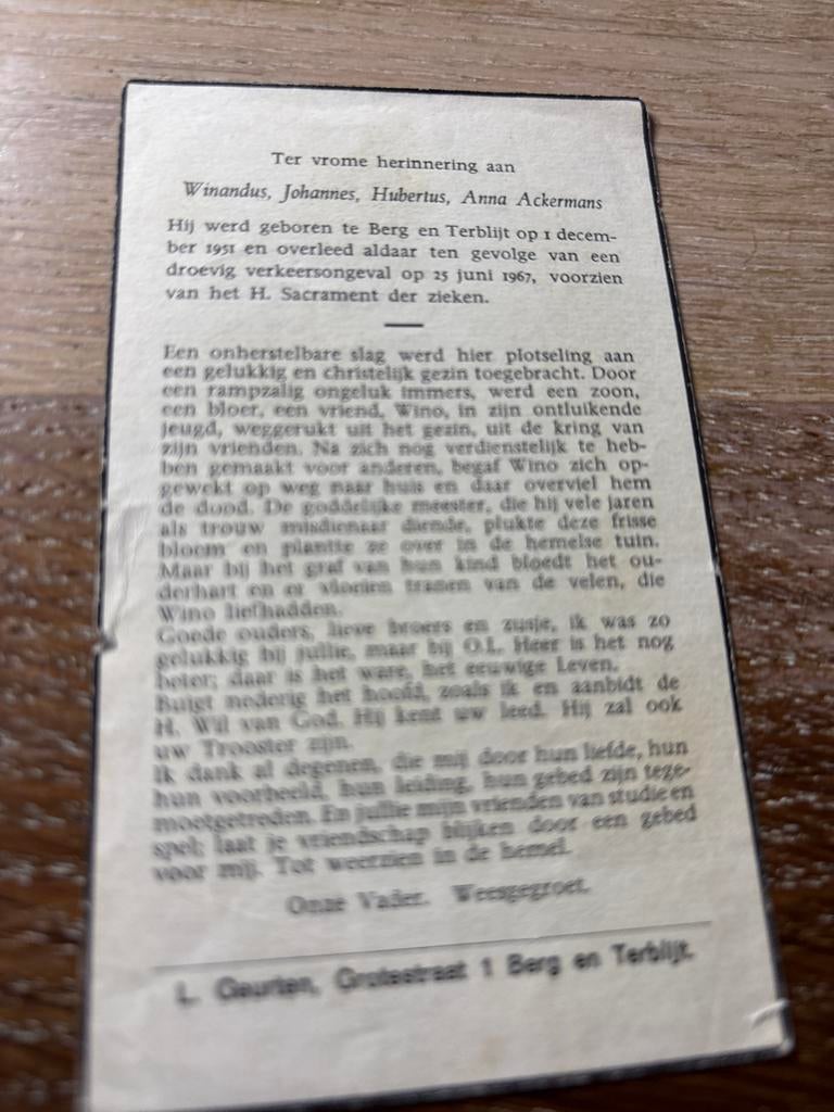 Ackermans Winandus 1951 Berg en Terblijt 1967 - 28287, Verzamelen, Ophalen of Verzenden, Bidprentje