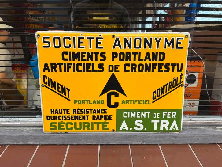 Vintage Emaille Reclamebord Ciments Portland, Antiek en Kunst, Antiek | Emaille, Ophalen of Verzenden