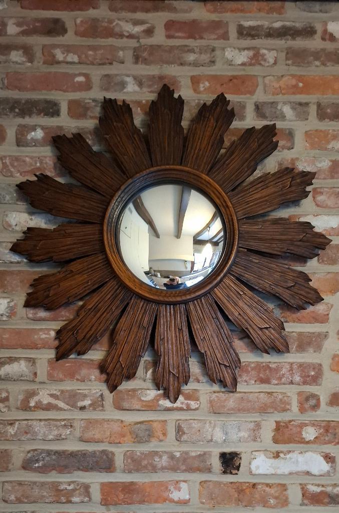 Vintage houten zonnespiegel, Antiek en Kunst, Antiek | Spiegels, 50 tot 100 cm, Minder dan 100 cm, Rond, Ophalen of Verzenden