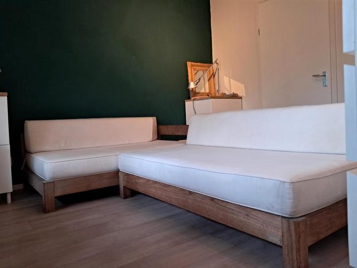 Lounge hoekbank hardhout, Huis en Inrichting, Banken | Bankstellen, Gebruikt, Hoekbank, Vierpersoons of meer, 150 tot 200 cm, 100 tot 125 cm