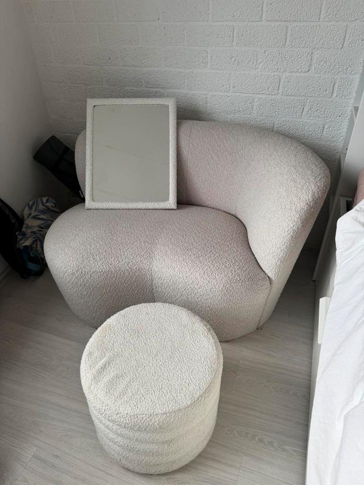 Woood fauteuil + teddy poef en spiegel, Huis en Inrichting, Banken | Sofa's en Chaises Longues, Zo goed als nieuw, Eenpersoons
