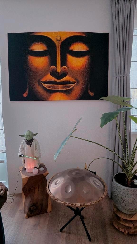 Handgeschilderd Buddha Tweeluik – Op Linnen – 2x (60x80 cm), Antiek en Kunst, Kunst | Overige Kunst, Ophalen